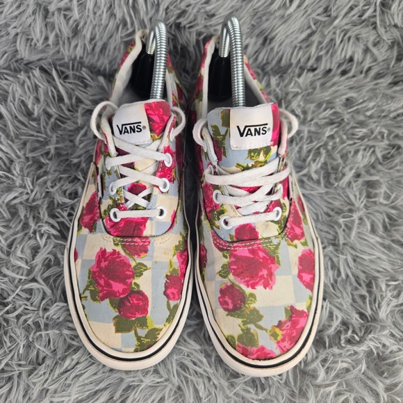 Vans Floral Rose Checkerboard Sneakers Women 9 Pink Blue Low Top Skate Shoes - Picture 3 of 9